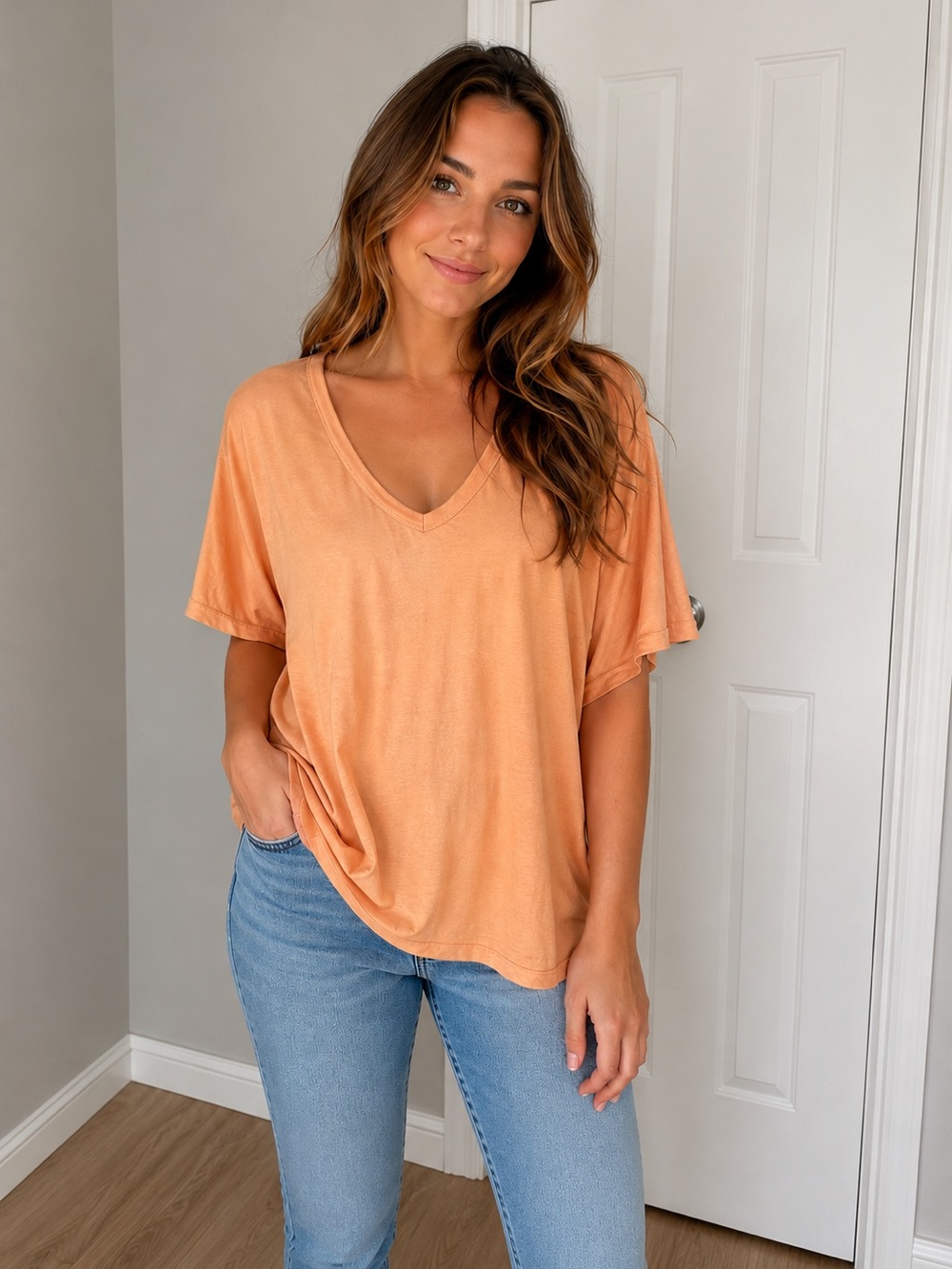 American Eagle Soft & Sexy V-Neck Tee Peach Coral Oversized L